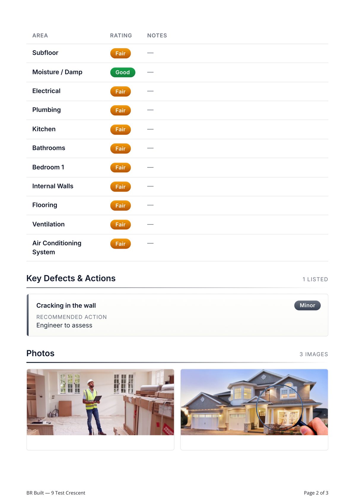 Page two of the report, completing the inspection checklist, listing minor wall cracking with a recommended action of engineer to assess, and showing the inspection photos