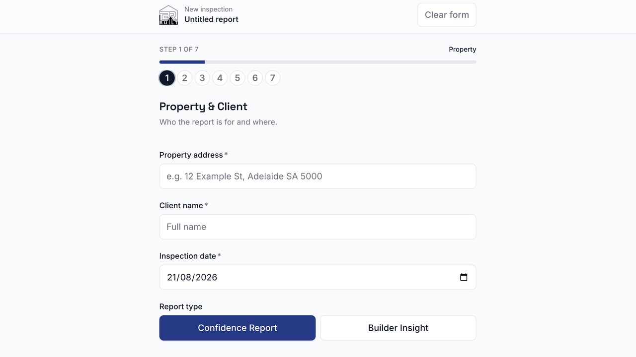 BR Built inspection app on step one of seven, collecting the property address, client name, inspection date and report type